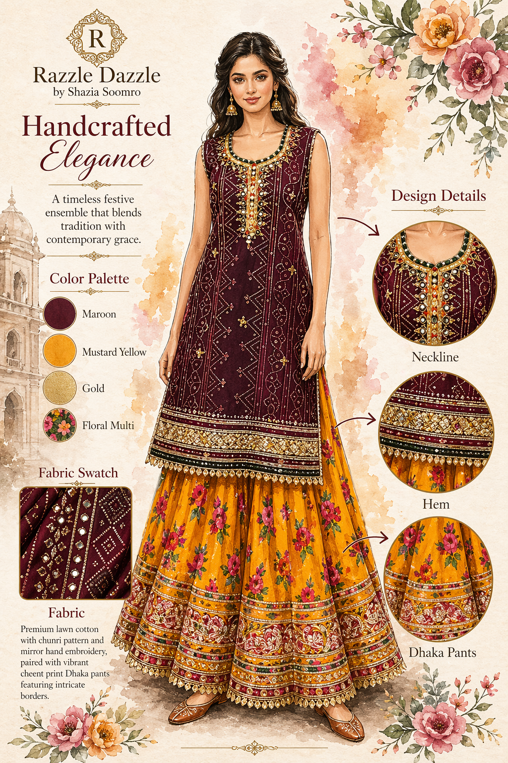 Handcrafted Elegance - Maroon & Gold Dhaka Pants Set