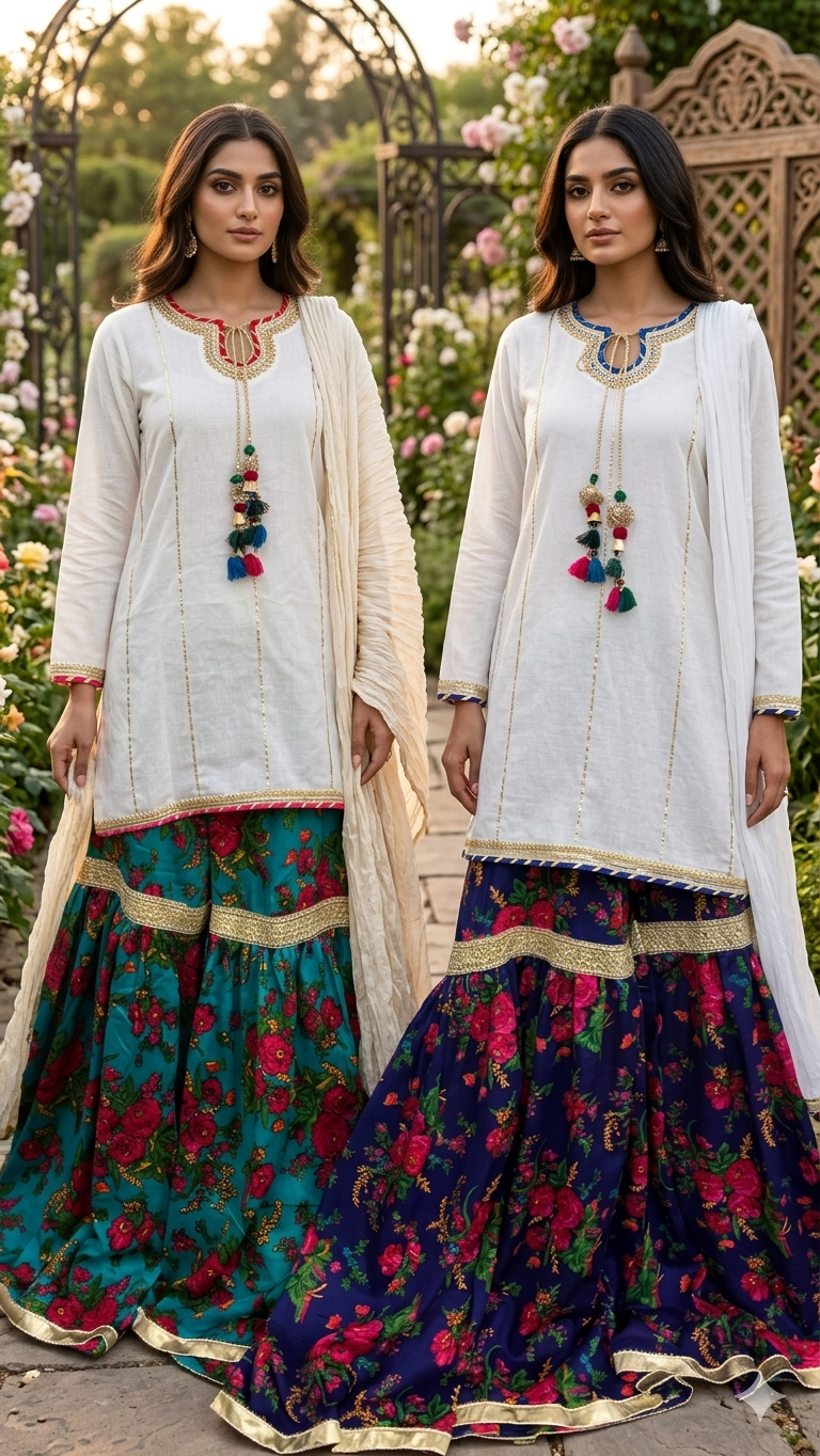 Cheent Floral Gharara - Teal & Navy