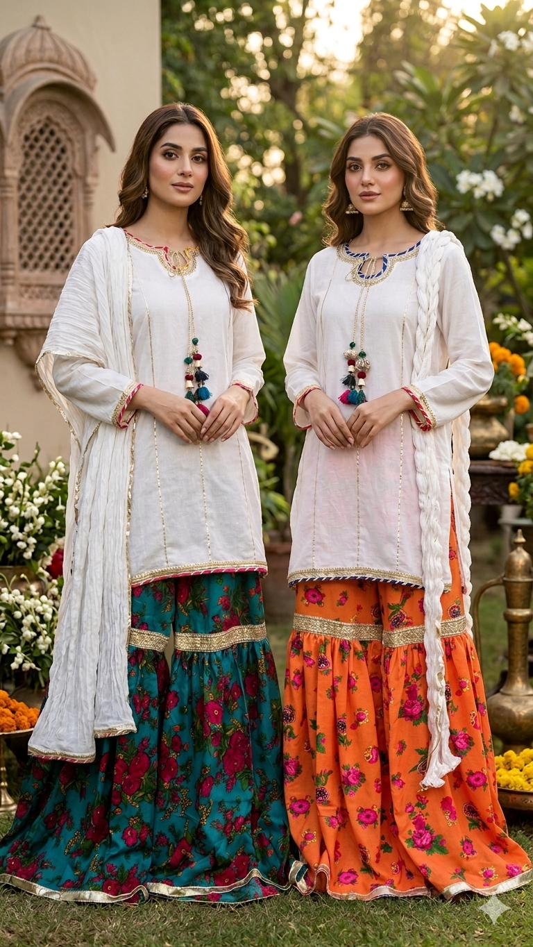 Cheent Floral Gharara - Orange & Teal Duo