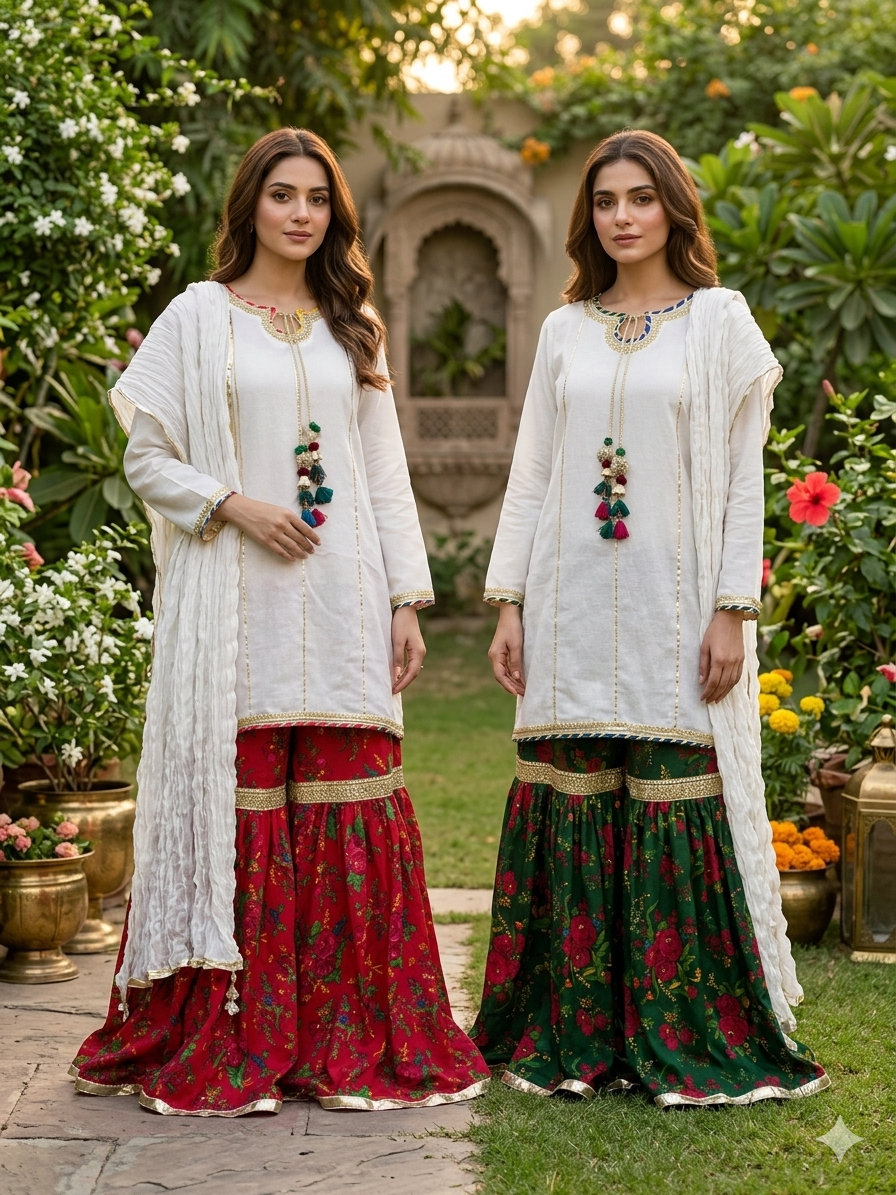 Cheent Floral Gharara - Red & Green Festive Set