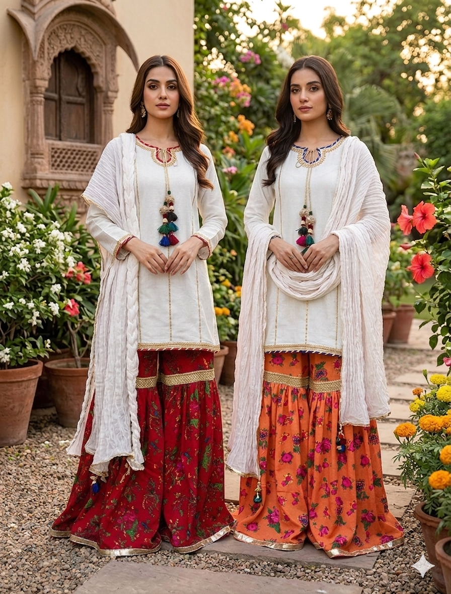 Cheent Floral Gharara - Red & Orange Celebration